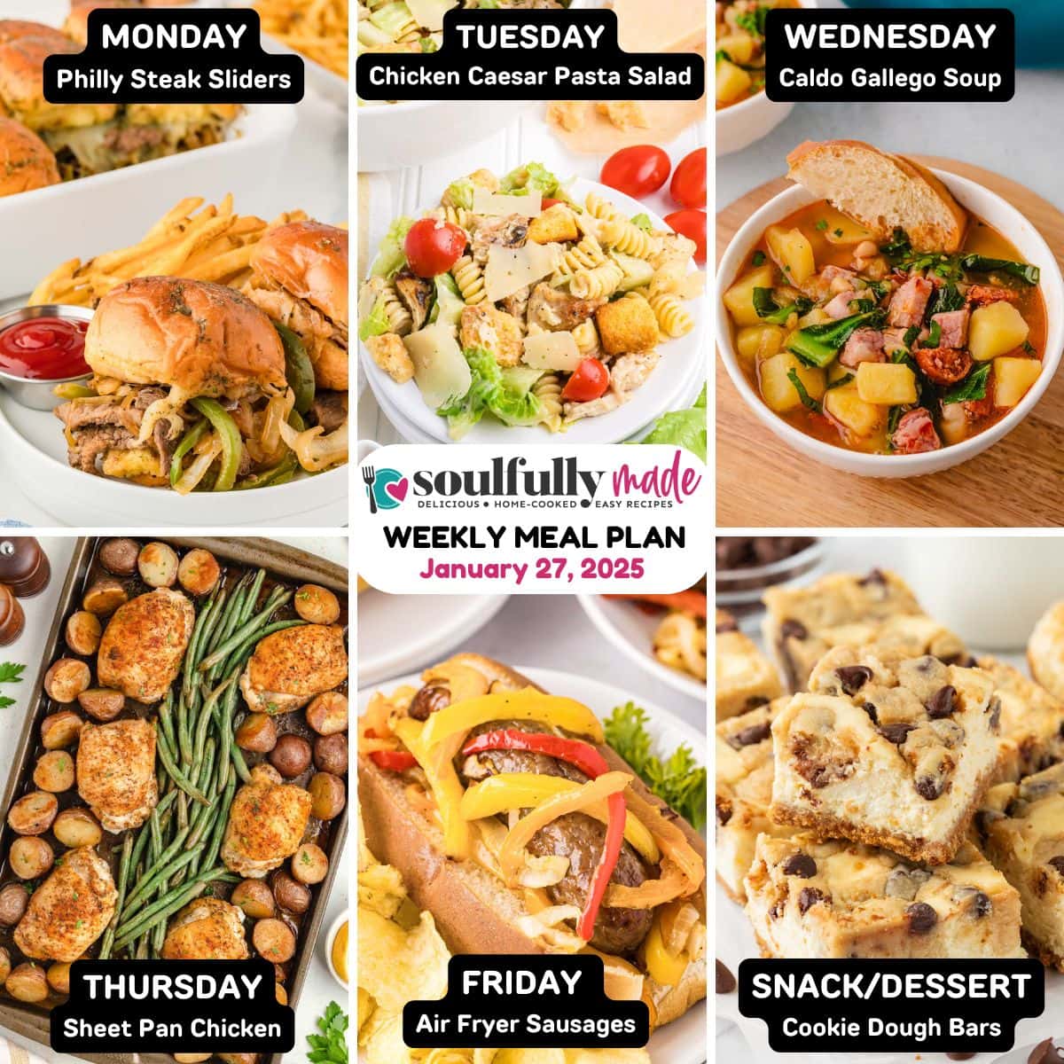 Soulfully Made weekly meal plan graphic for January 27, 2025 showing recipes of the week.