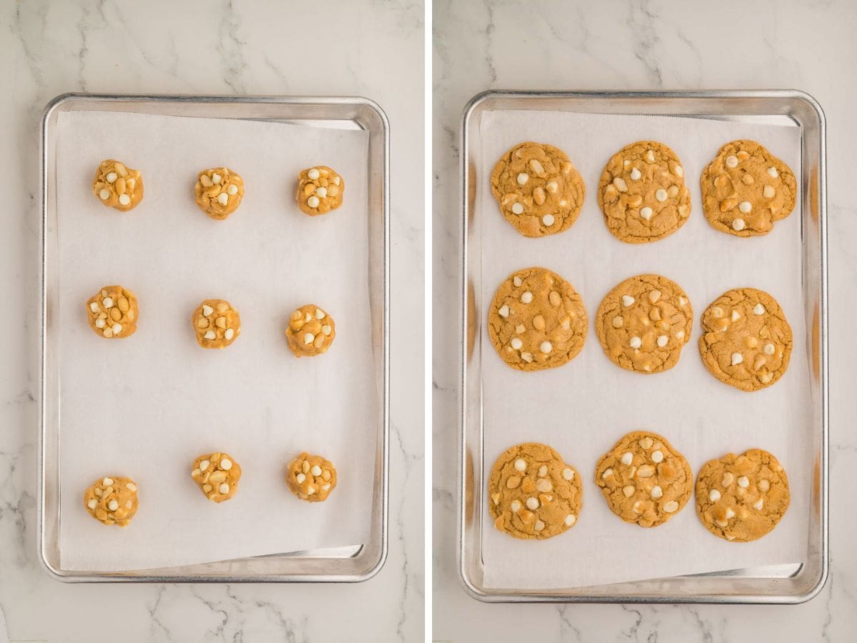 Side by side photos of cookies on a sheet pan before and after baking.