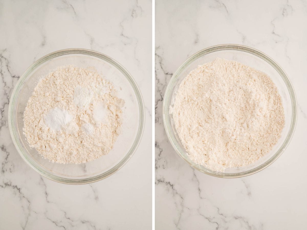 Side by side photos of the dry ingredients for the cookie dough in a mixing bowl.