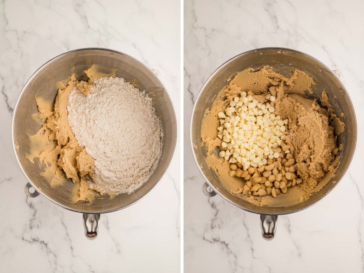 Side by side photos of mixing the cookie dough for white chocolate macadamia nut cookies.