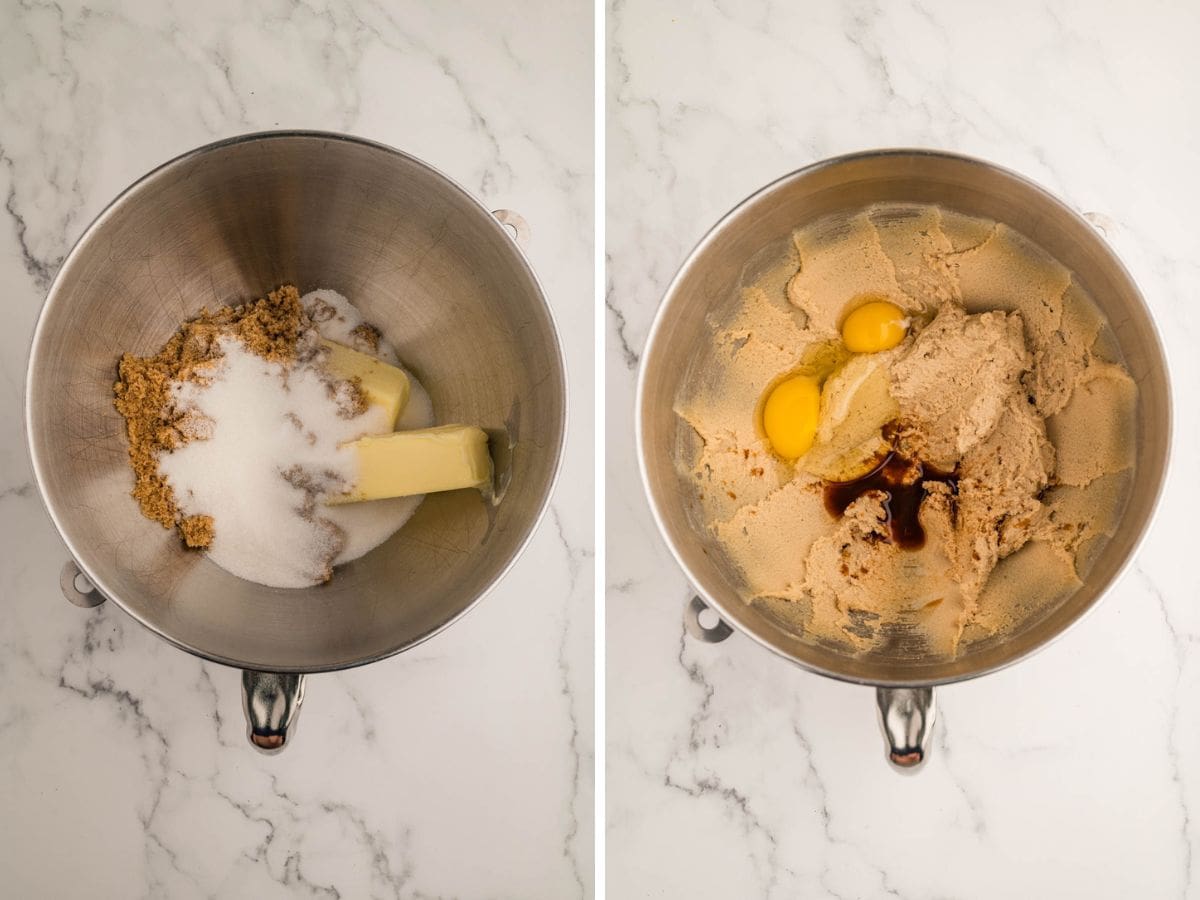 Side by side photos of creaming the butter and sugar in the bowl of a stand mixer.