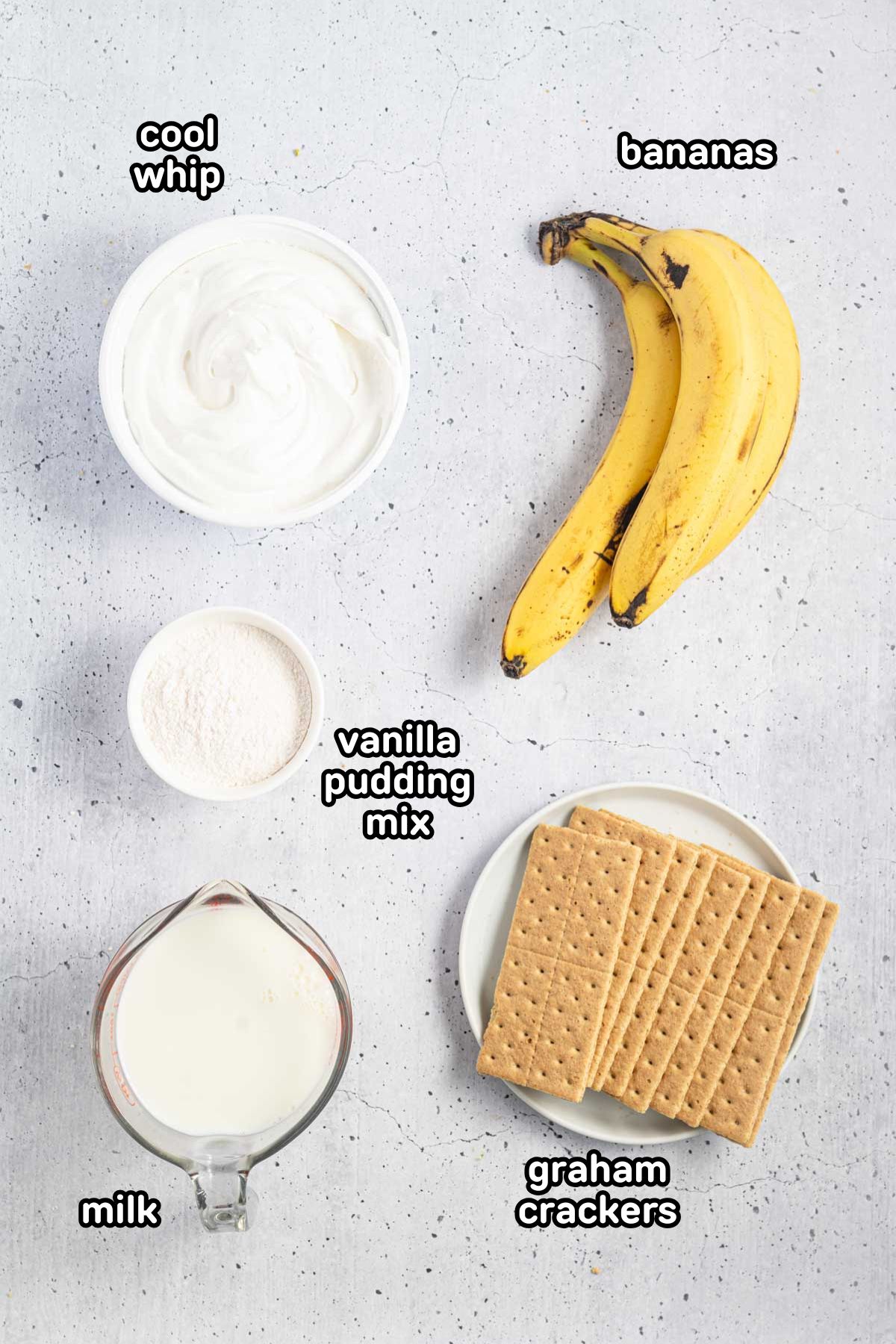 Labeled photo of the ingredients needed to make banana icebox cake.