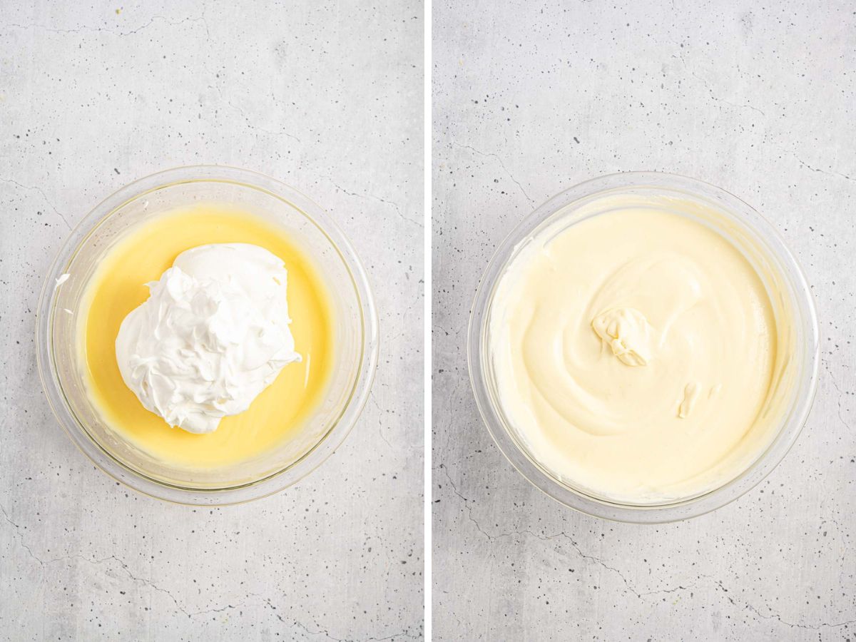 Side by side photos of folding in the whipped topping into the vanilla pudding.