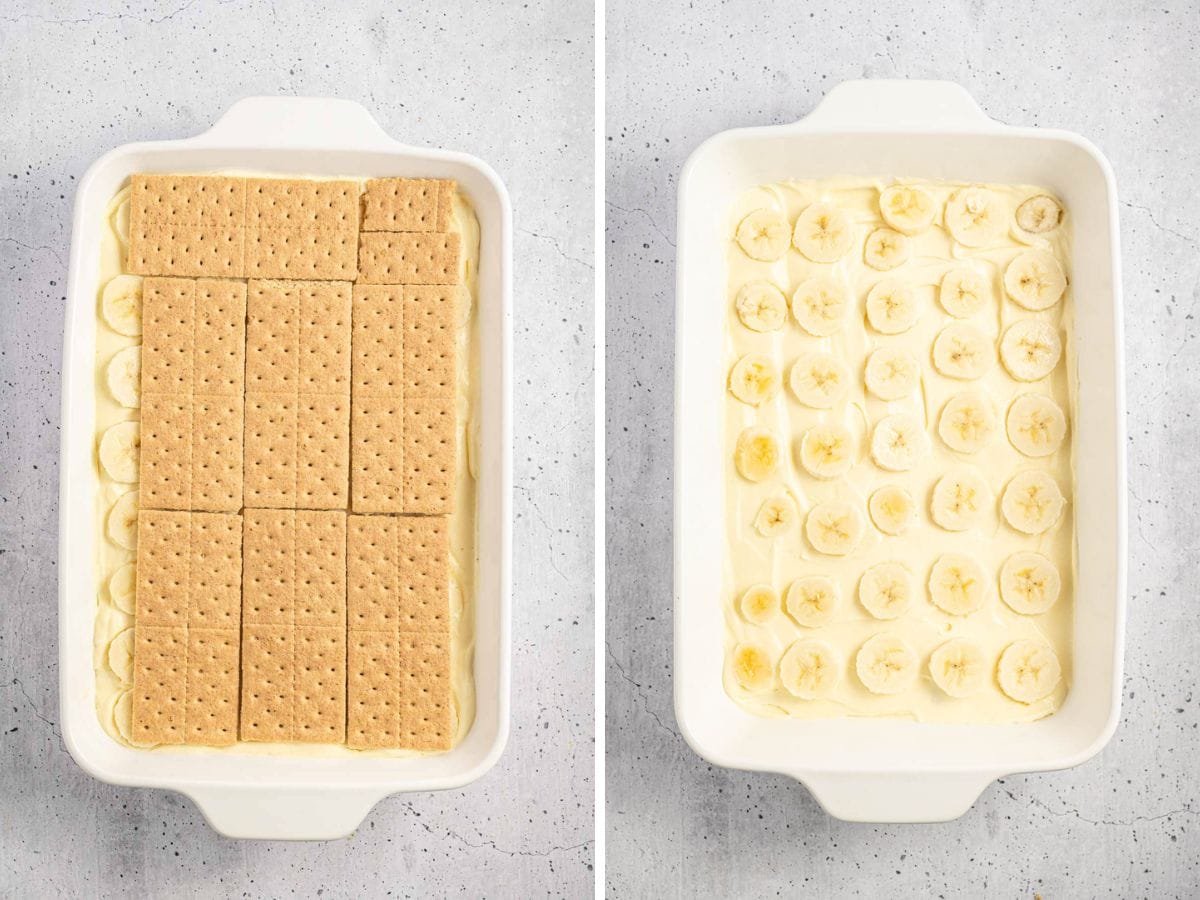 Side by side photos of layering the graham crackers, pudding, and banana slices in a baking dish.