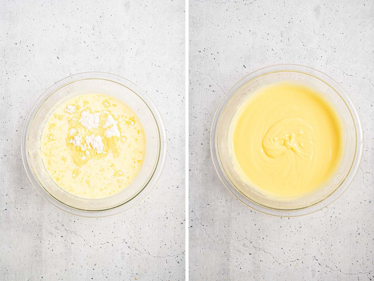 Side by side photos of mixing together the instant vanilla pudding.