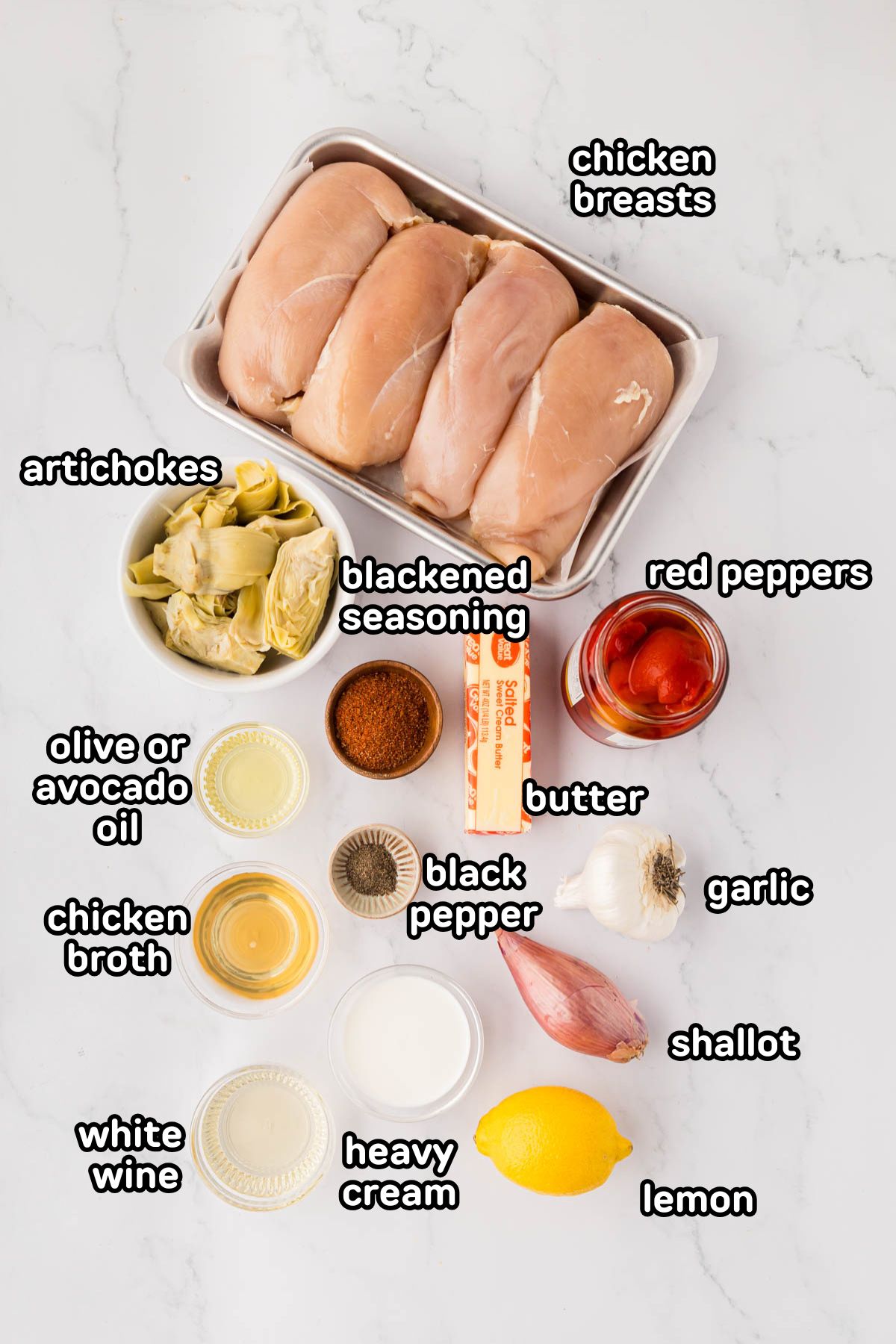 A labeled image of ingredients needed to make blackened chicken with creamy Cajun lemon butter sauce.