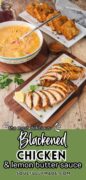 Blackened chicken with Cajun lemon butter sauce, Pinterest image.