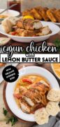 Blackened chicken with Cajun lemon butter sauce, Pinterest image.