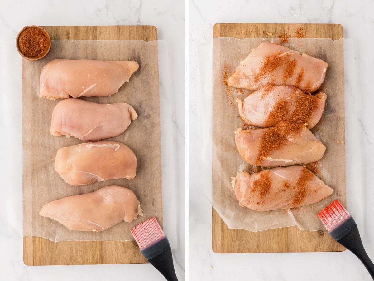 Chicken breast on a parchment paper with seasoning sprinkle sprinkled on top.