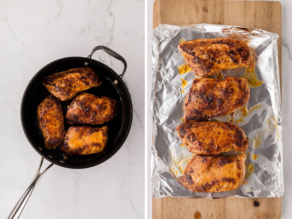 Blackened chicken cooked in a skillet and then moved to a lined plate to rest.