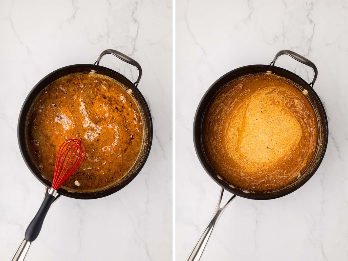 Stirring in broth and cream to Cajun lemon butter sauce.