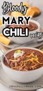 Bloody Mary Chili recipe in a white bowl topped with cheese and sour cream.