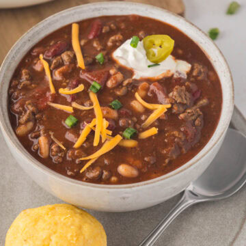 Bowl of Chili made with bloody Mary mix.