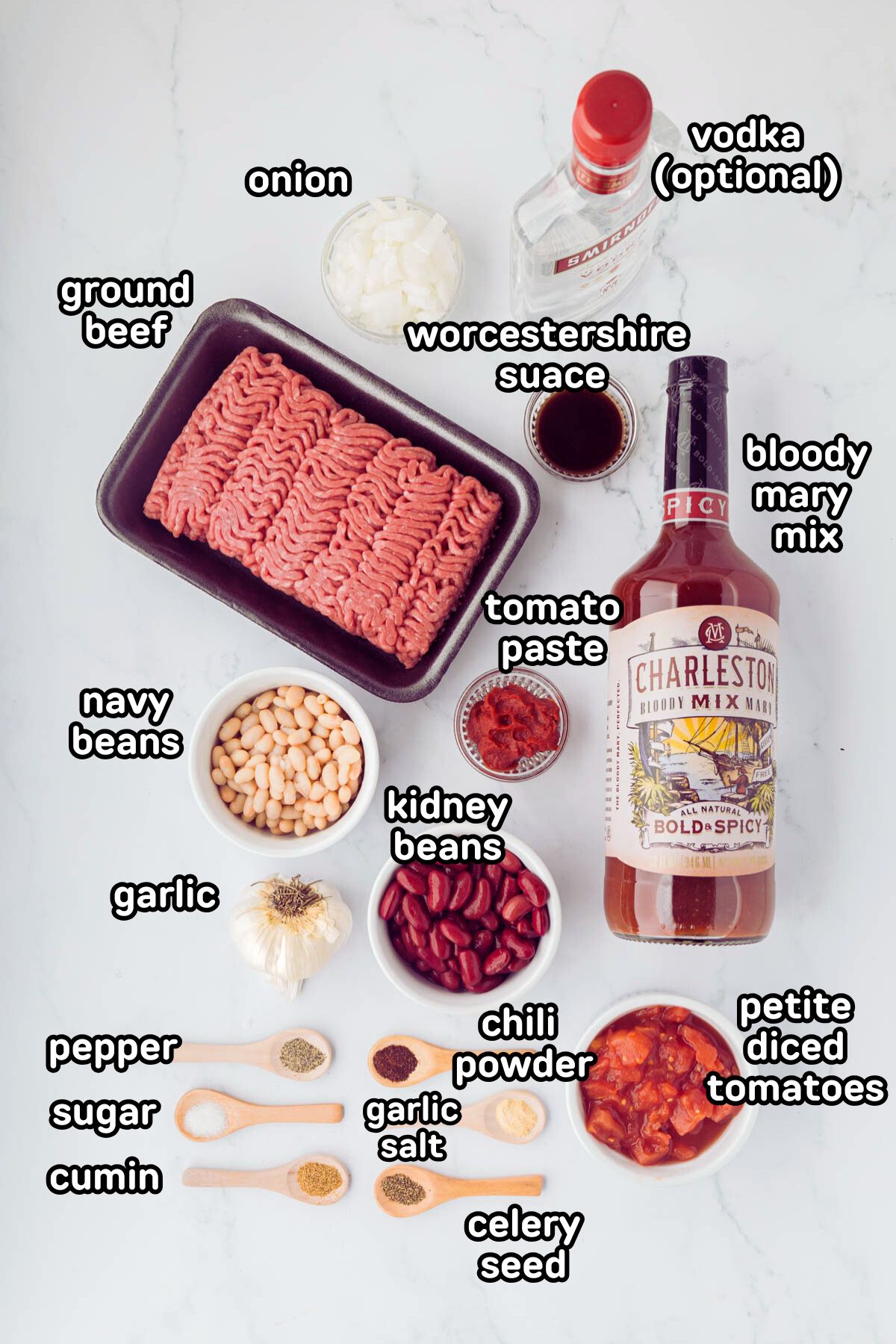 Labeled ingredients to make bloody Mary chili.