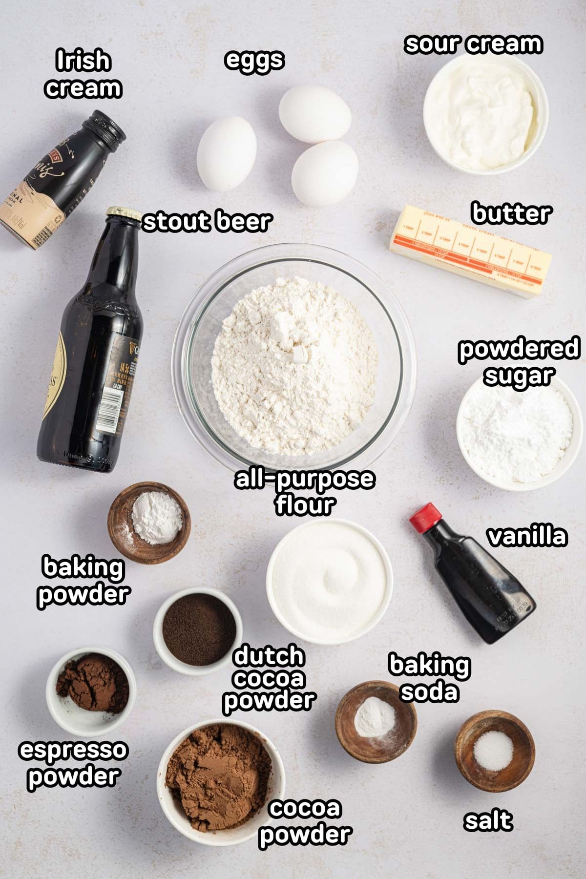 Labeled photo of the ingredients needed to make chocolate stout cake.