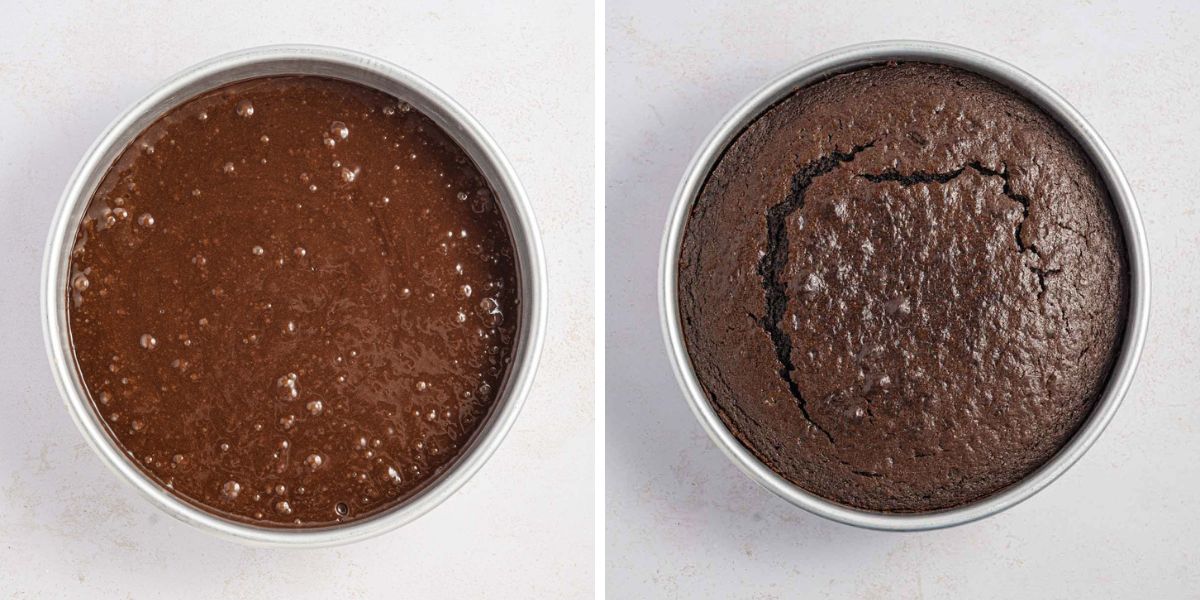 Side by side photos of before and after a chocolate cake is baked.