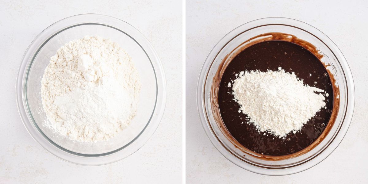 Side by side photos of measuring dry ingredients and combining it with the chocolate Guiness mixture.