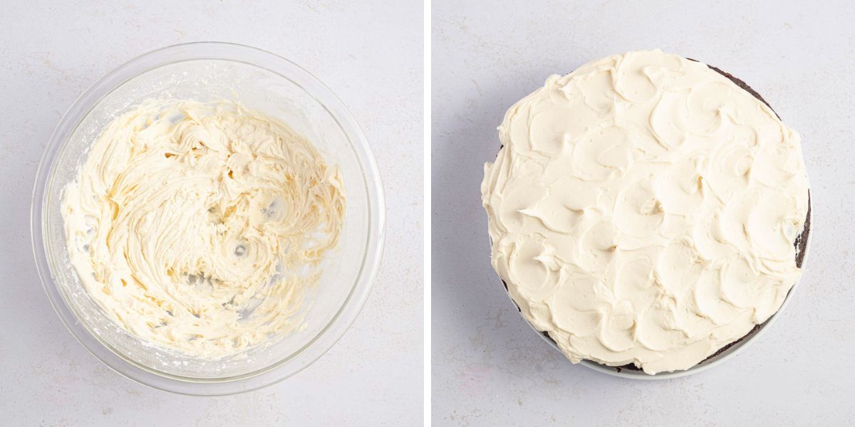 Side by side photos of frosting in a mixing bowl and frosting placed on the baked cake.