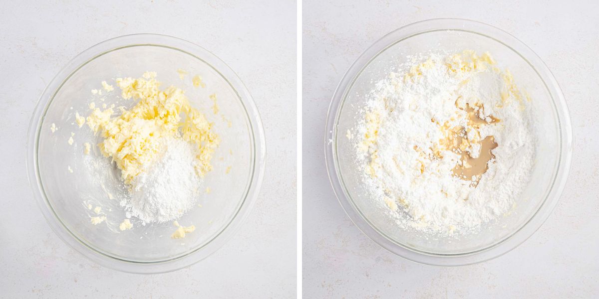 Side by side photos of mixing together the Irish cream buttercream in a glass mixing bowl.