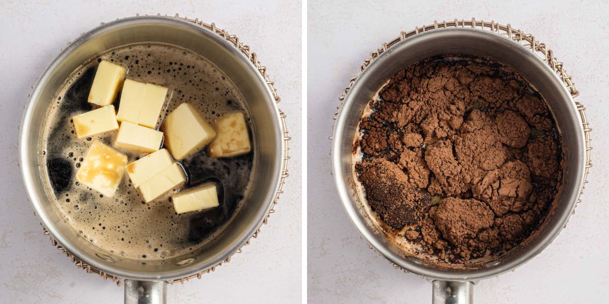 Melting butter and cocoa powder with the Guinness beer in a sauce pan in side by side photos.