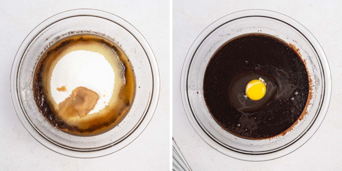 Combining chocolate beer mixture with sugar and egg in a mixing bowl.