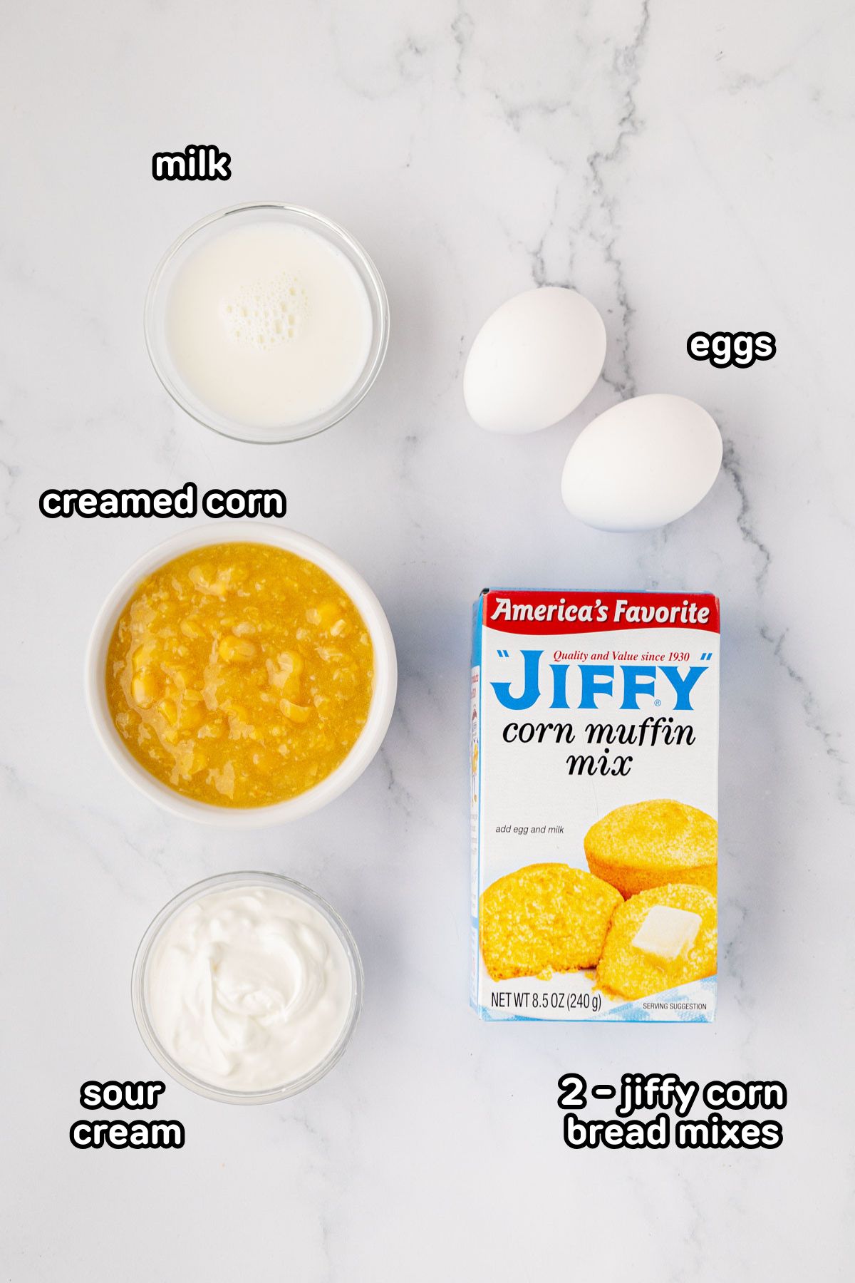 Labeled image of ingredients needed to make southern cream, corn cornbread muffins.