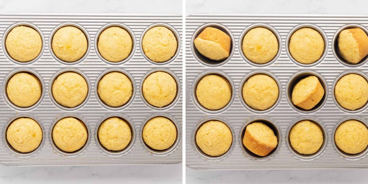 A muffin tin filled with cooked southern cornbread muffins.