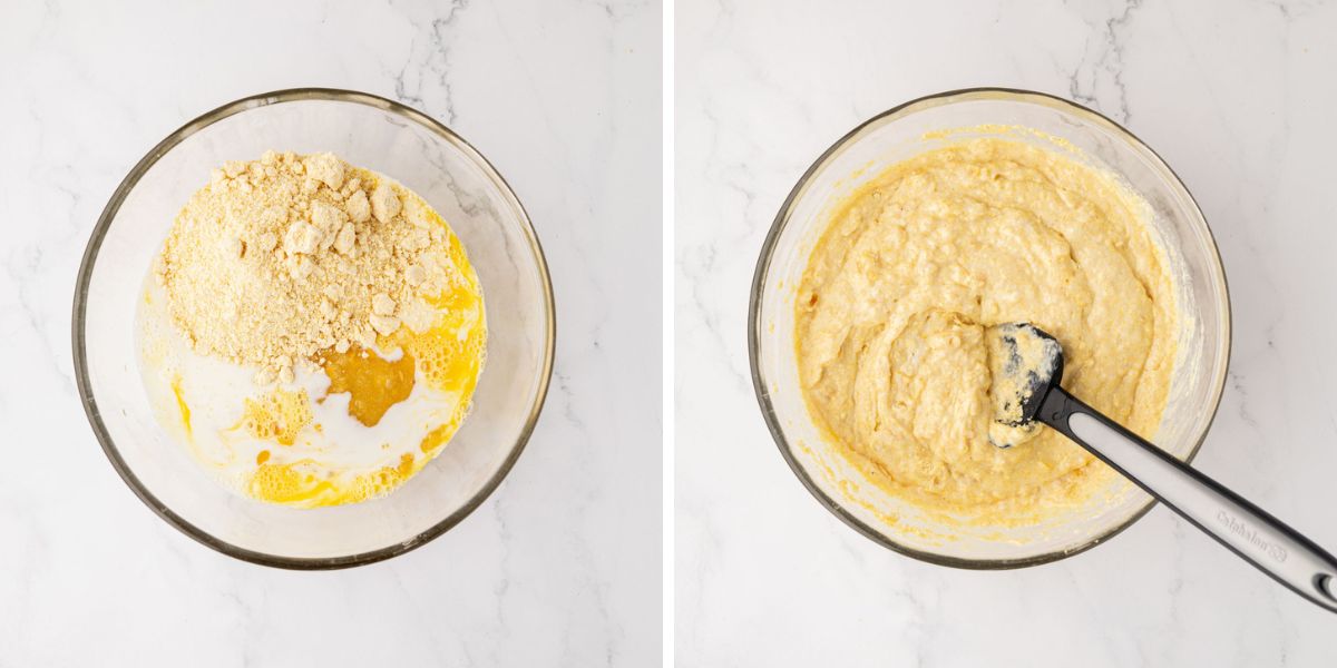 A side-by-side image of batter added to eggs with milk and then stirred together.