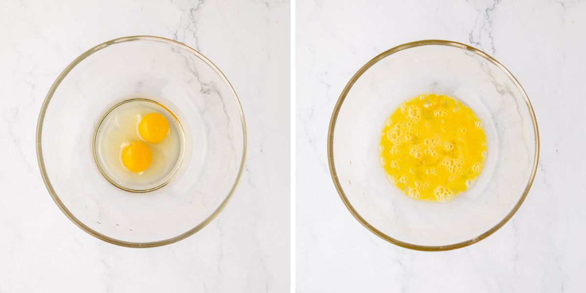 A side-by-side image of a bowl with two eggs and then beaten together.