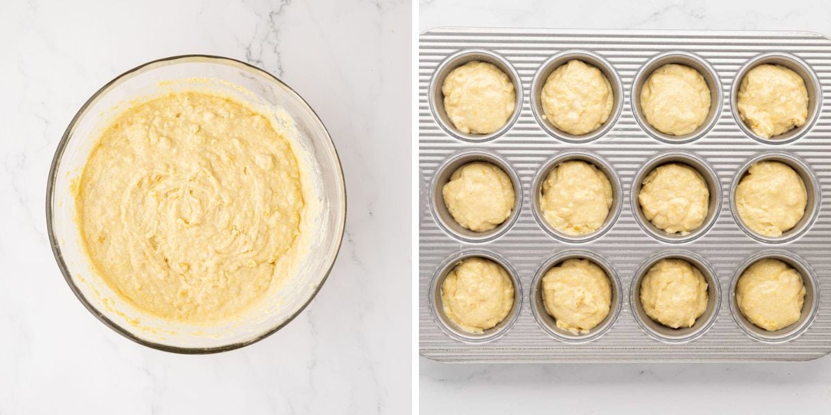 A muffin tin with cornbread batter.