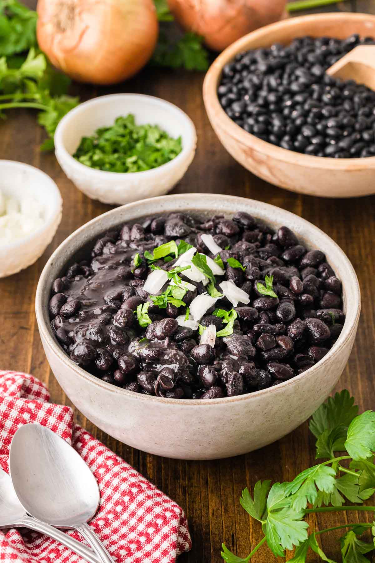 A bowl of cuban black beans, garnished with diced onion and parsley