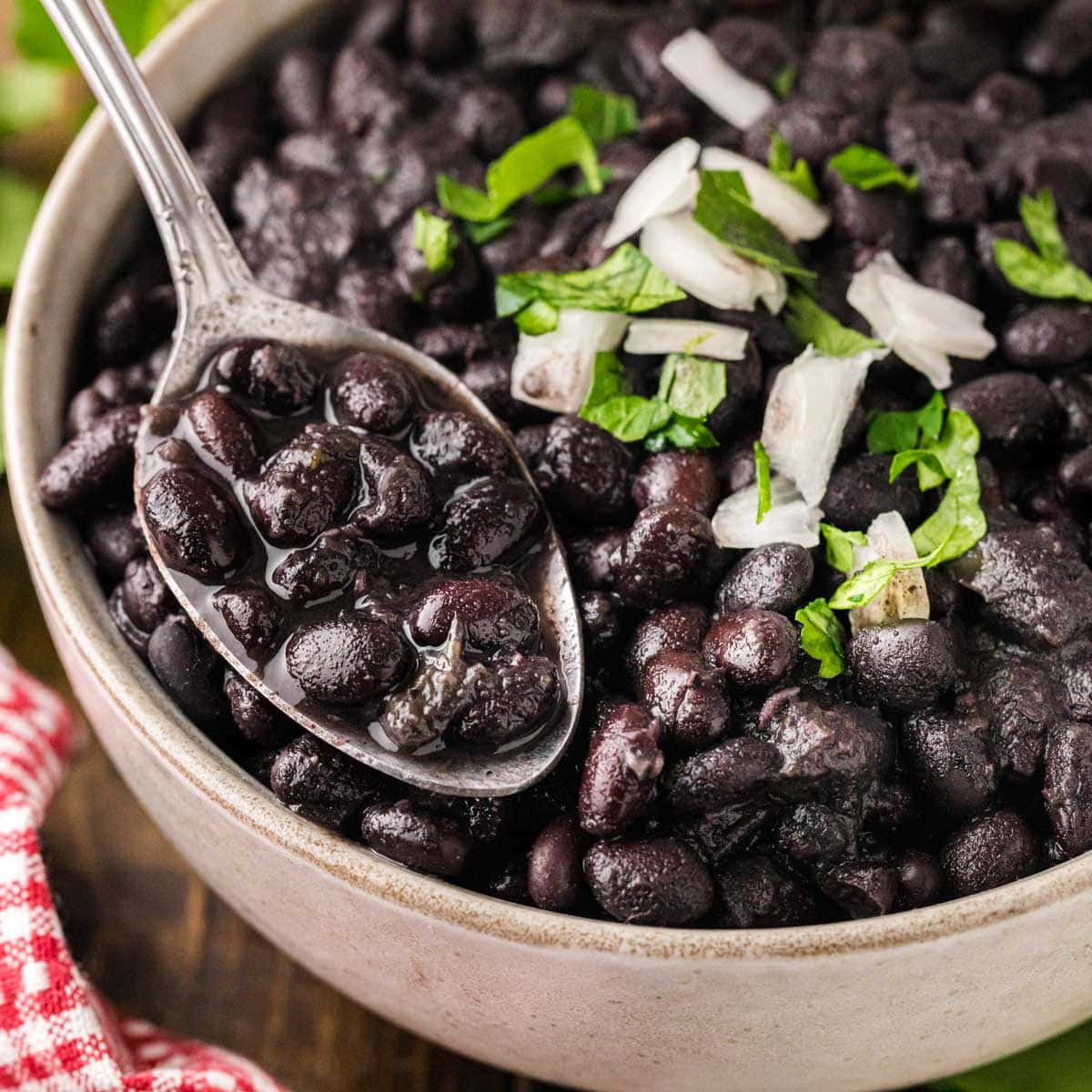 A spoon, removing a scoop of black beans garnished with parsley and onion from a bowl.