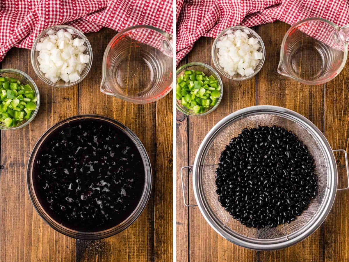 Side-by-side image of soaked black beans and water and then drain in colander.