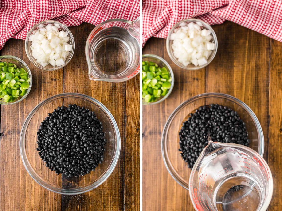 Dry black beans in a bowl.