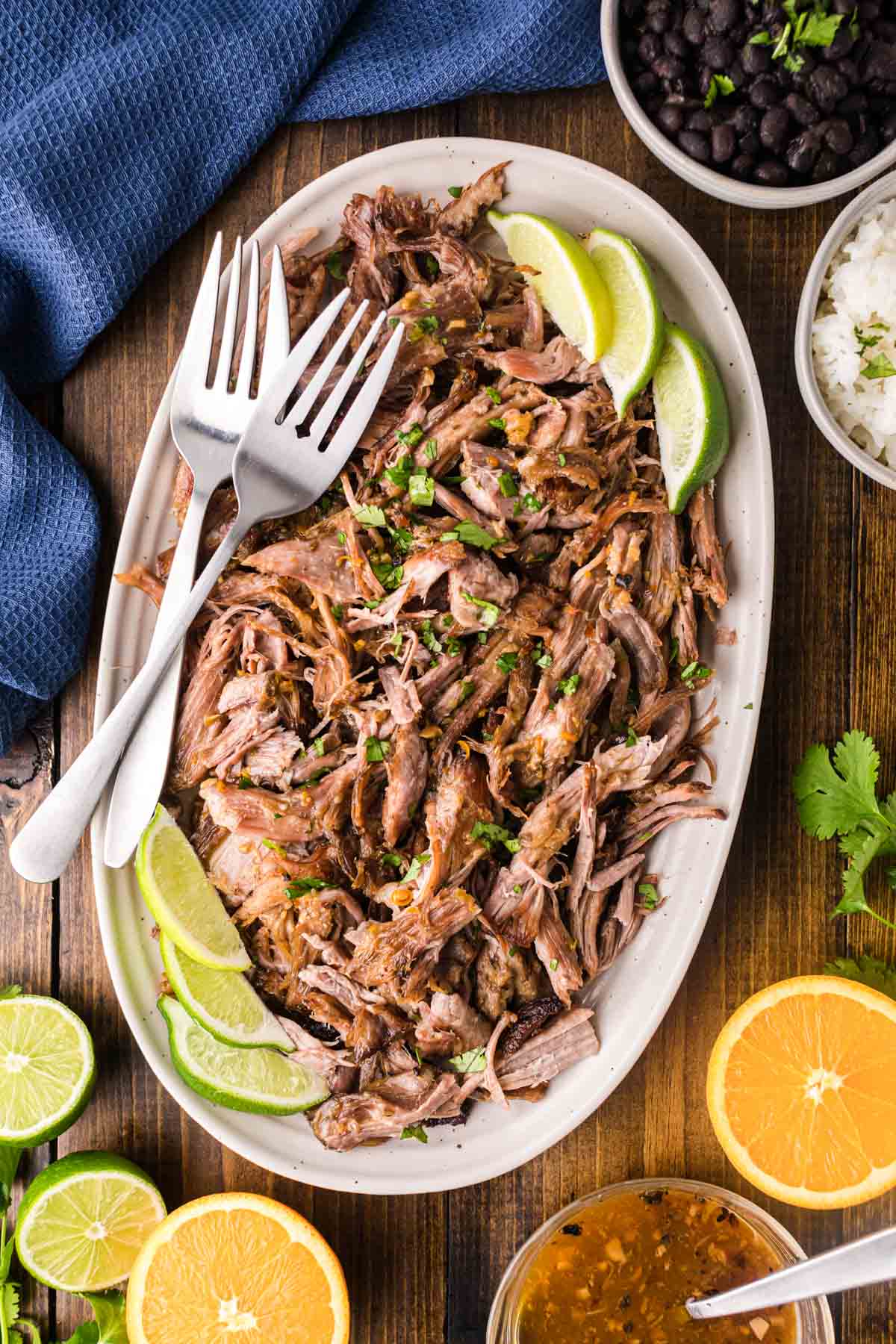 A platter with shredded mojo pork.