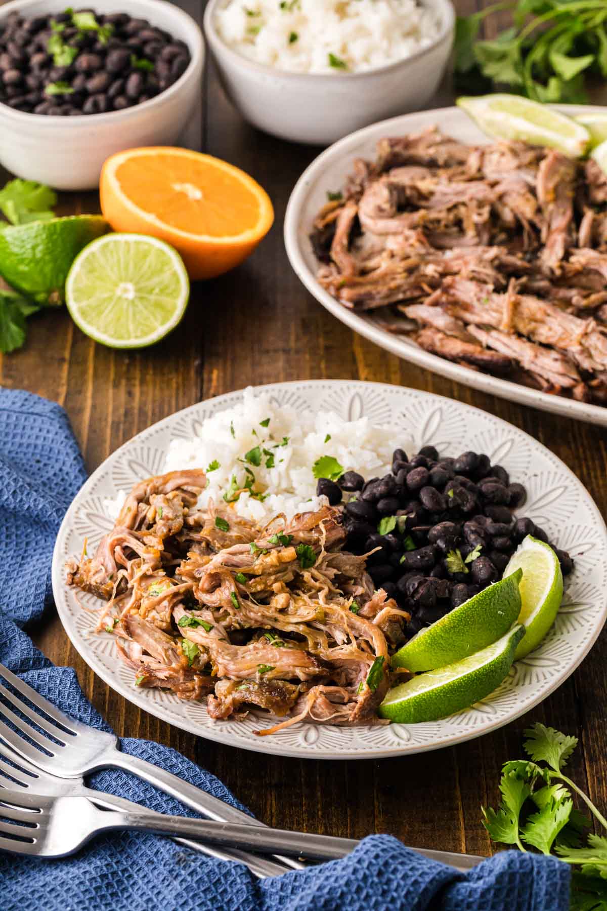 A plate with a serving of Mojo, pork, black beans, and rice.