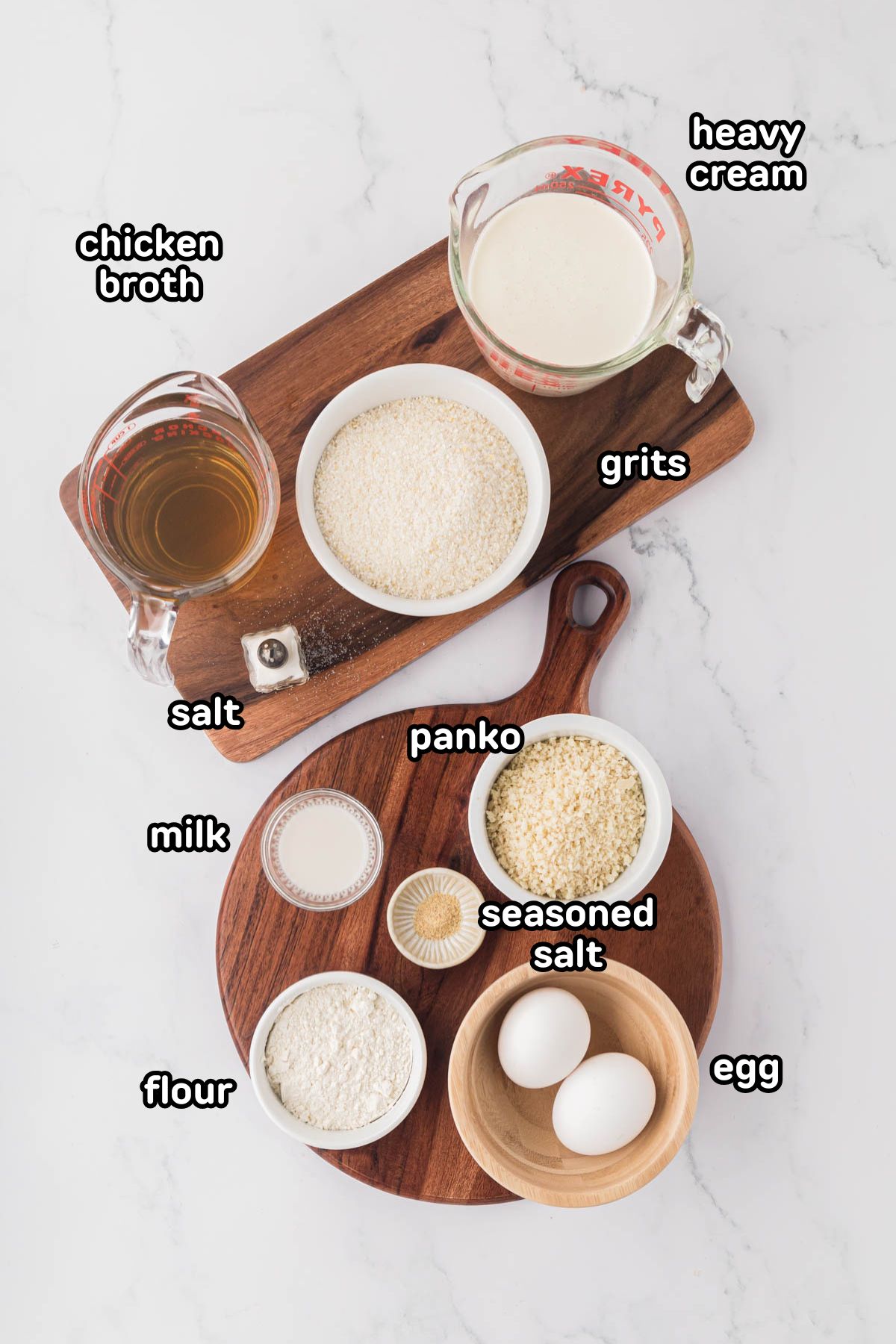 A labeled image of ingredients needed to make fried grit cakes.