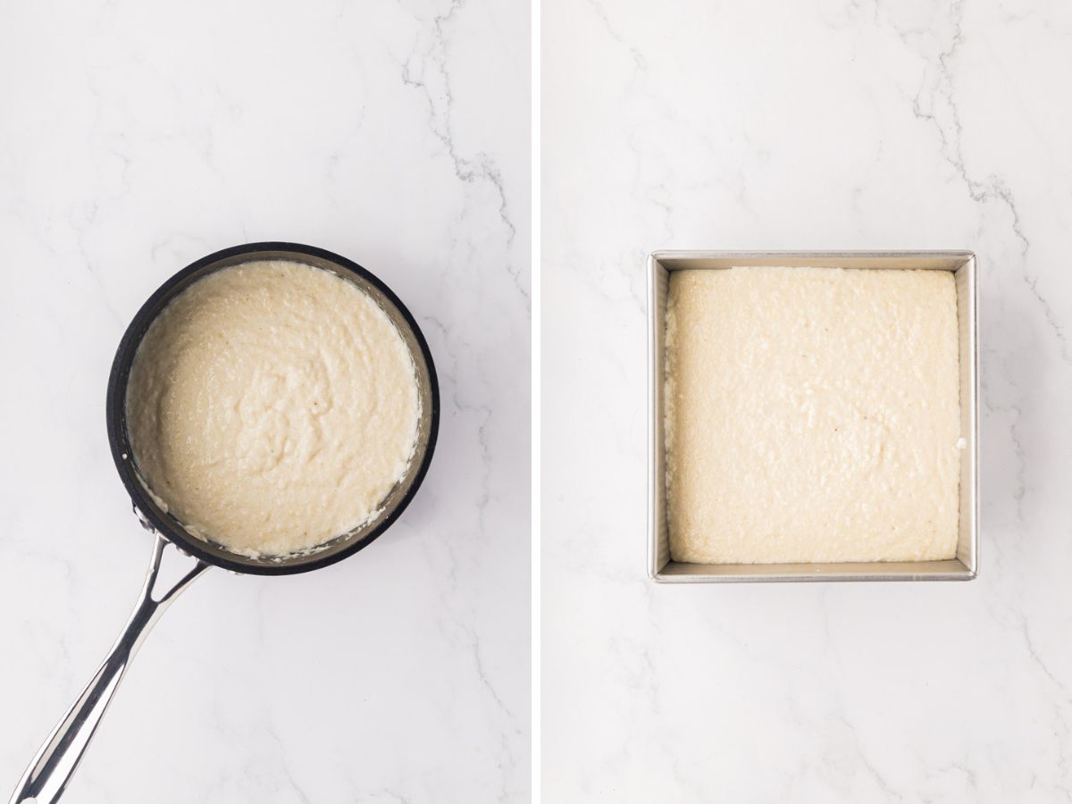 Cooked grits added a baking pan.