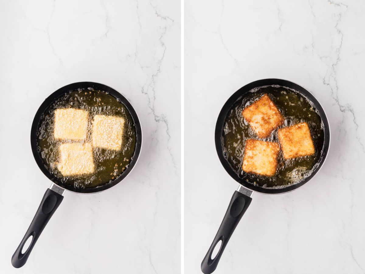 A frying pan with oil and grit cakes.