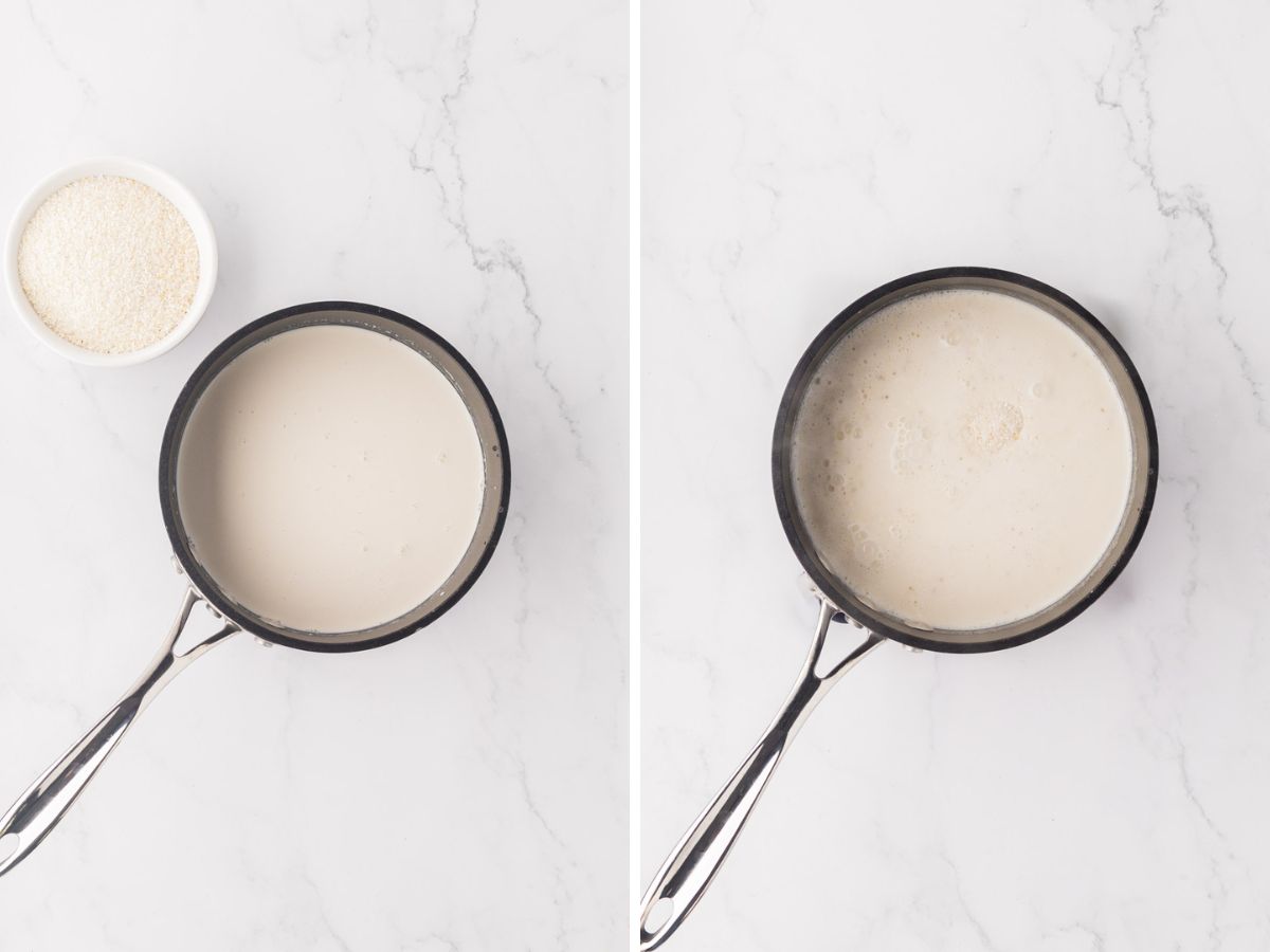 A side-by-side image of grits with chicken broth and heavy cream and a sauce pan.