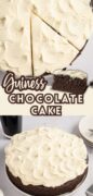 Guiness Chocolate Cake is pictured in this 3 image collage with the top of the cake sliced, a whole cake and a slice of cake shown.