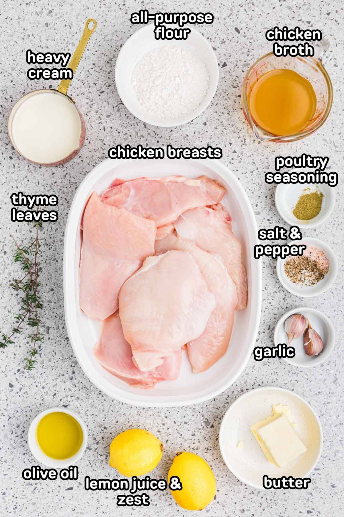 Labeled photo of the ingredients needed for lemon butter chicken.