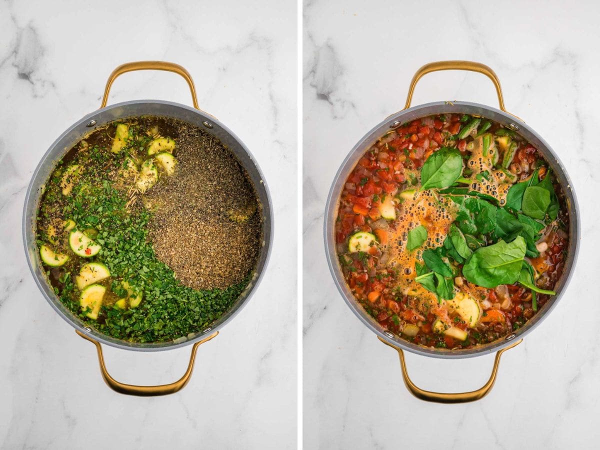 Side by side photos of adding the finishing ingredients and simmering the soup.