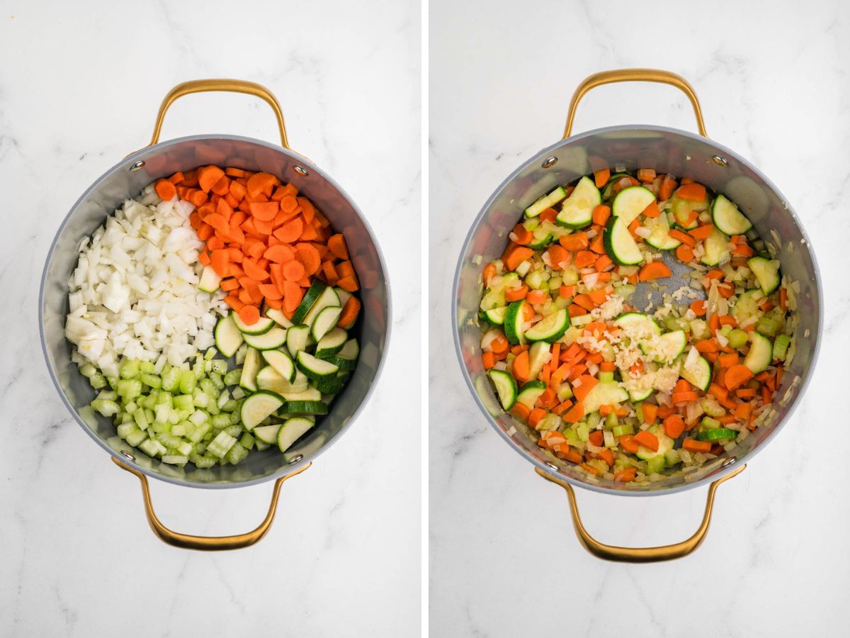 Side by side photos of sautéing the vegetables for the base of the minestrone soup.