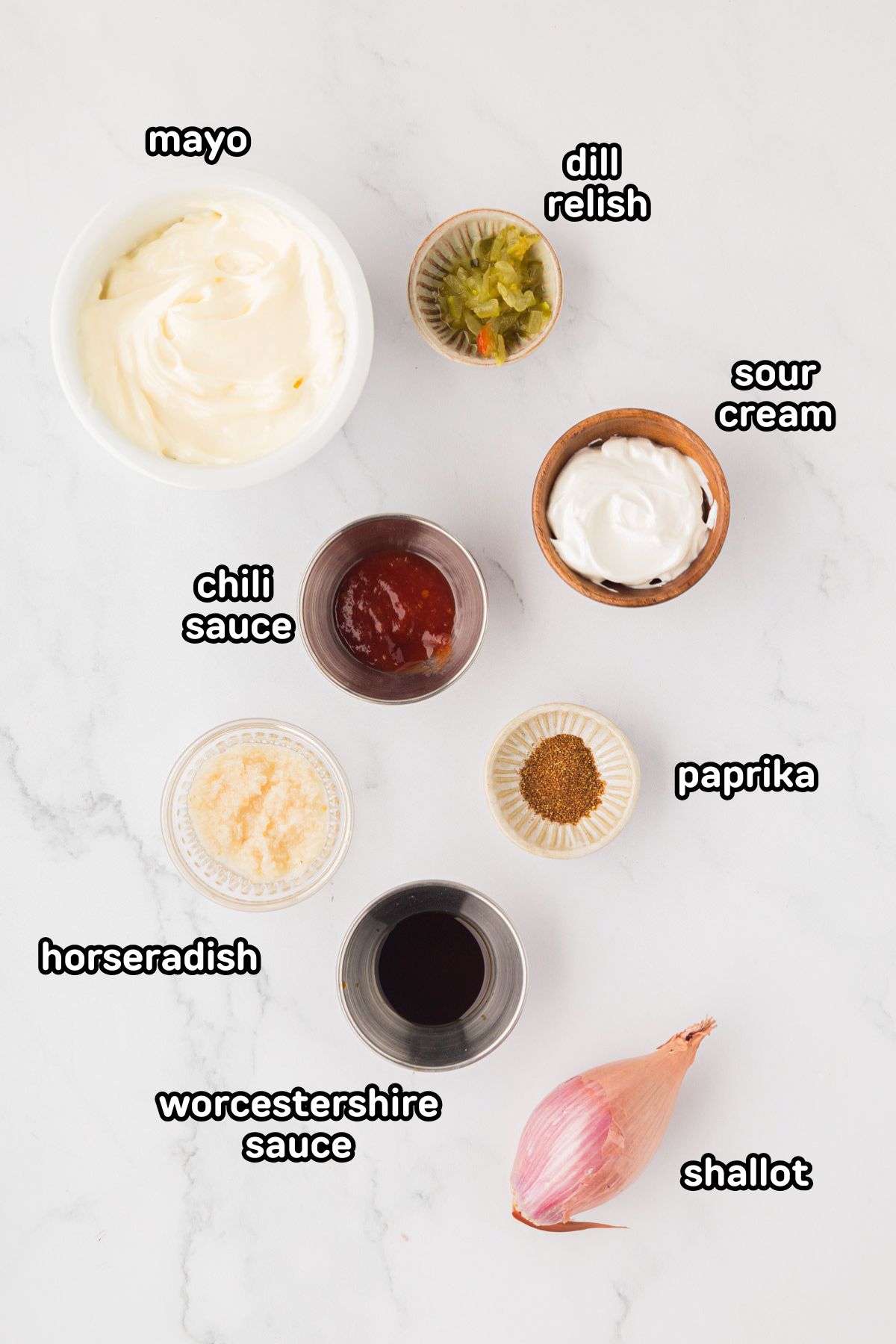 A labeled image of ingredients needed to make homemade Russian salad dressing dressing.