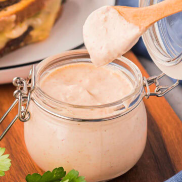 Homemade Russian Dressing in a glass container.