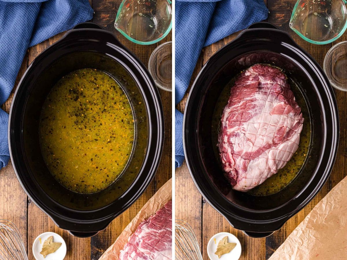 Adding the pork roast into the slow cooker with marinade.