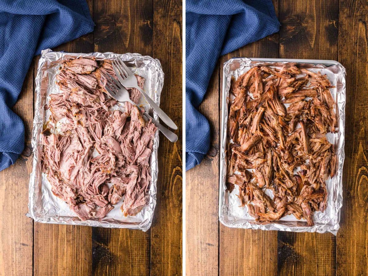 Shredded pork roasted in oven till it's crisp on the edges.