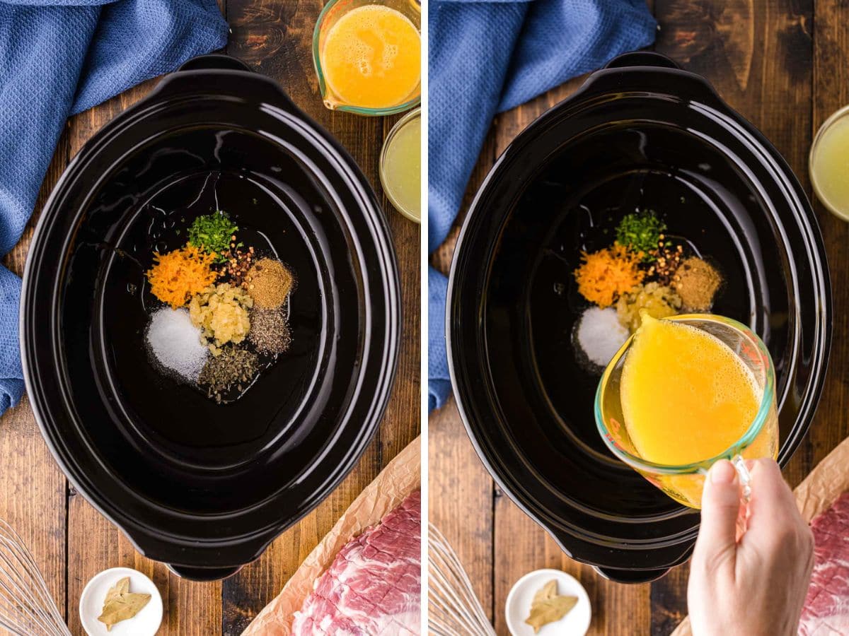 The slow cooker with spices and orange juice being added.