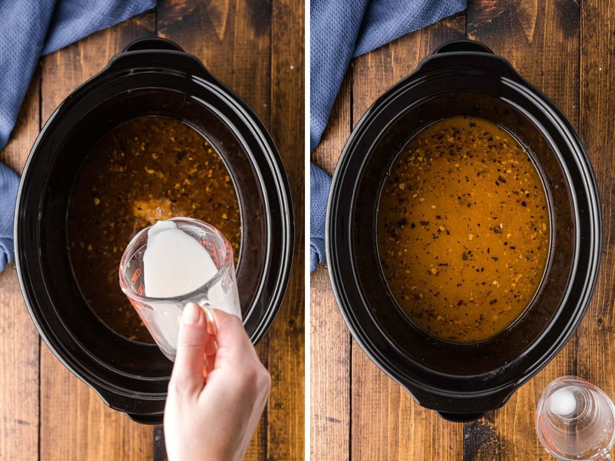 A cornstarch slurry added to the juices in the slow cooker.